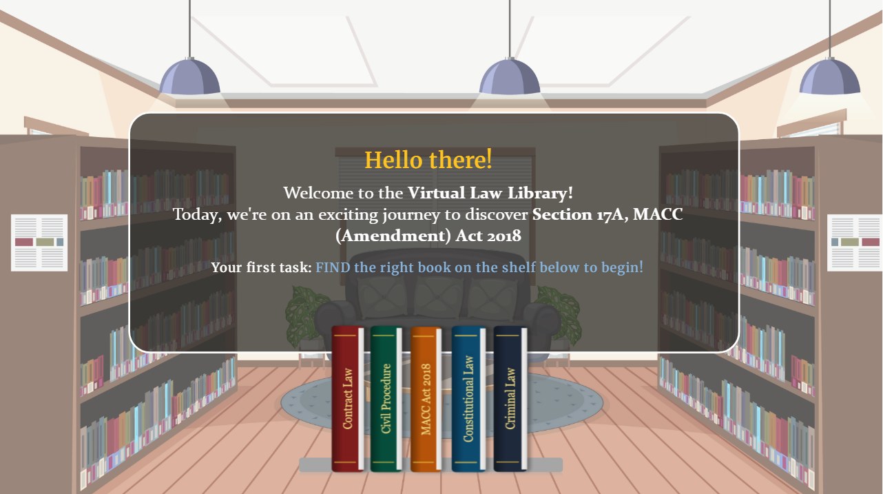 Opening screen of the Virtual Law Library: a library room with five law books on a shelf
