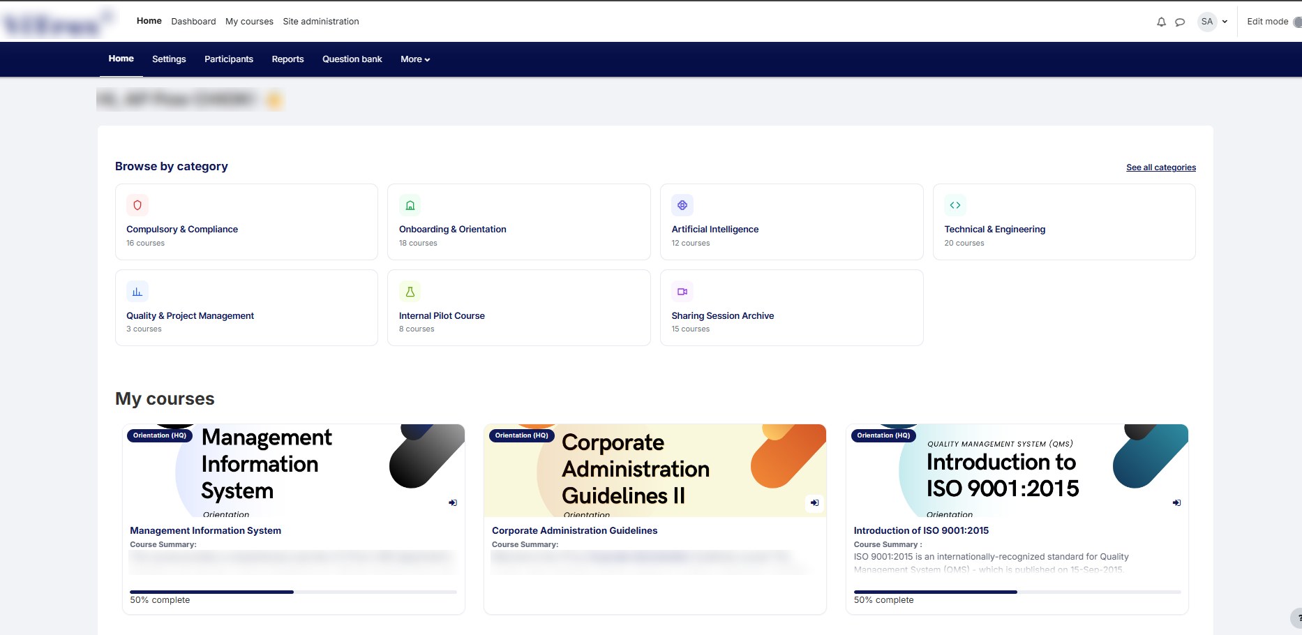 Company learning management system dashboard with course cards