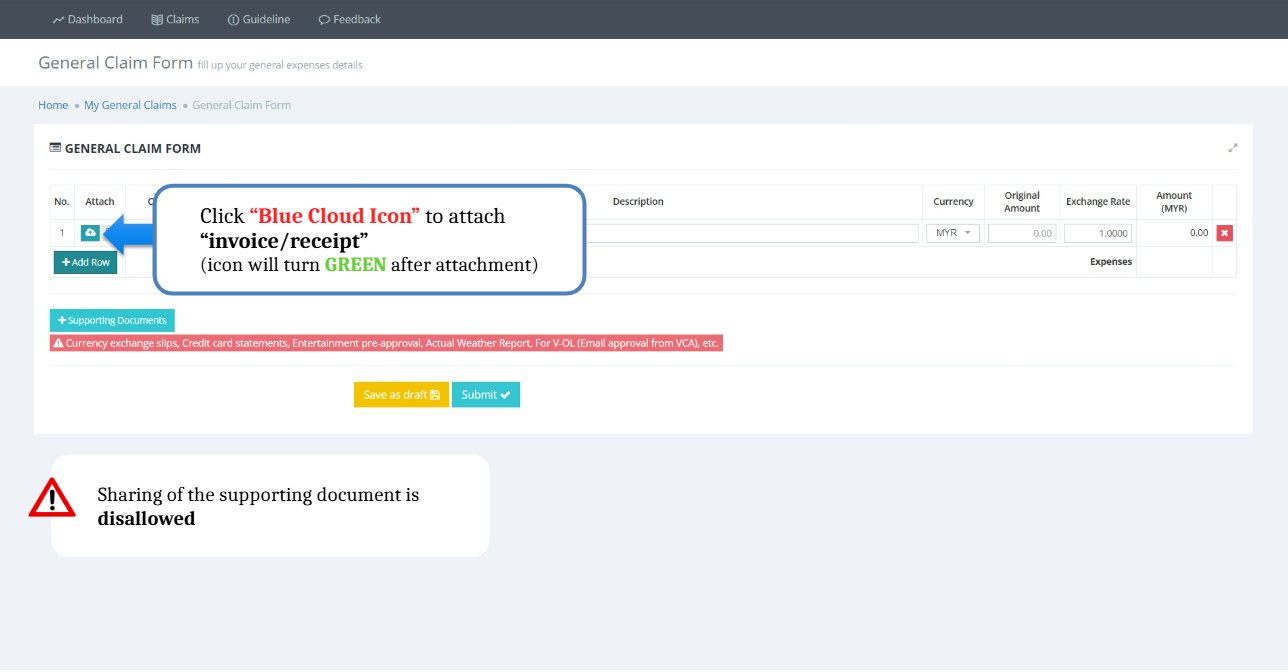Claim form with a callout on the cloud icon for attaching a receipt