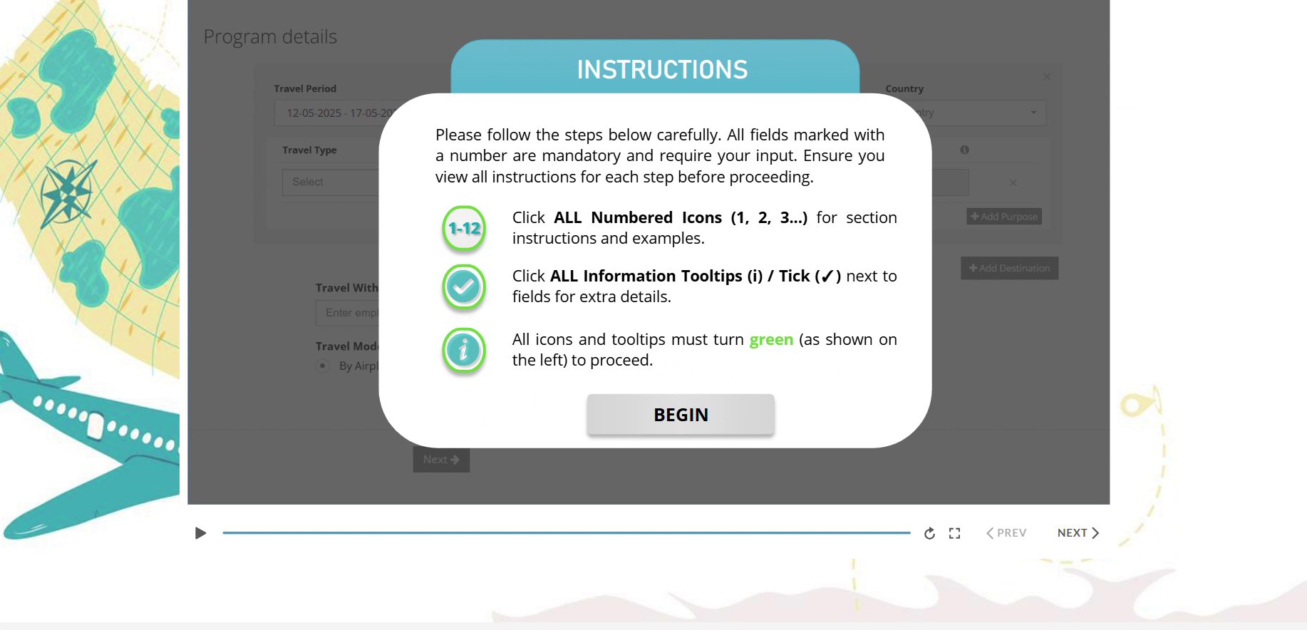 Instructions pop-up: all numbered icons and tooltips must turn green to proceed