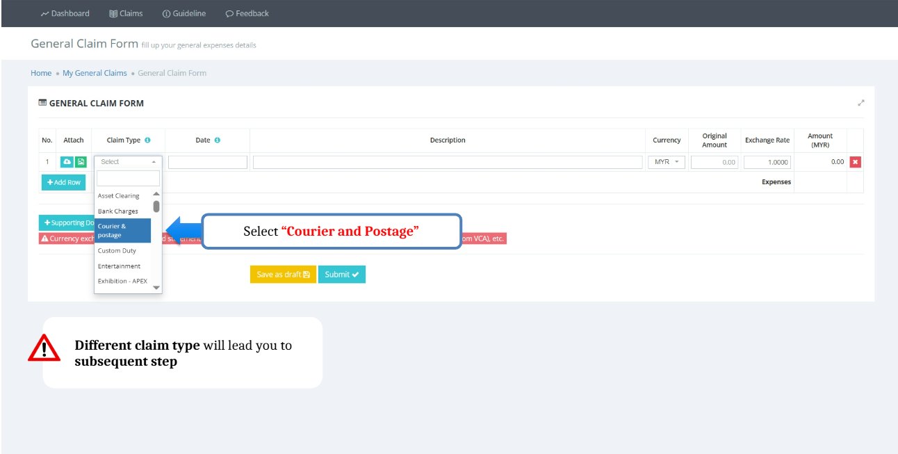 Claim type dropdown with Courier and Postage highlighted